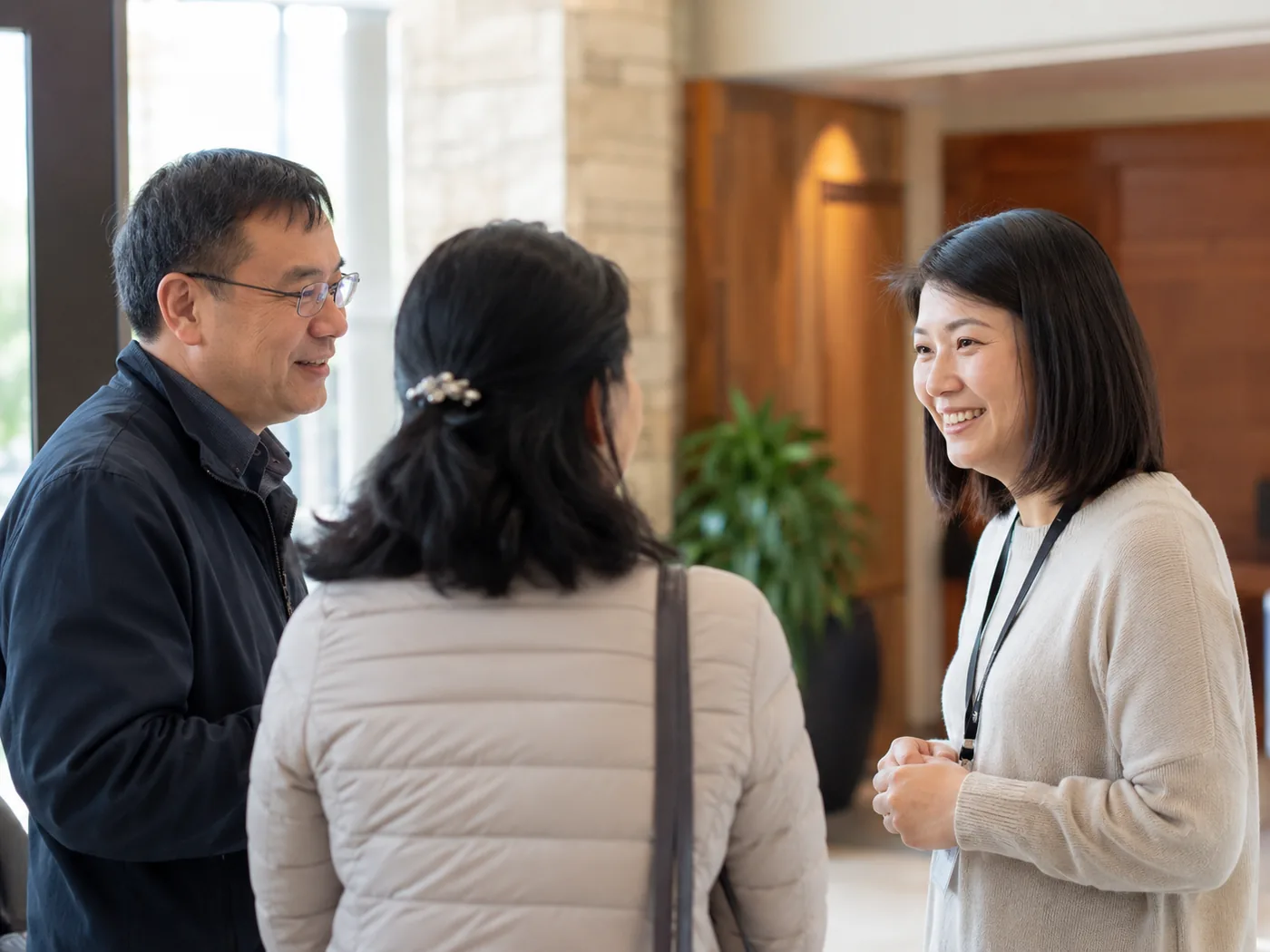 Welcoming conversation in a bright church community space