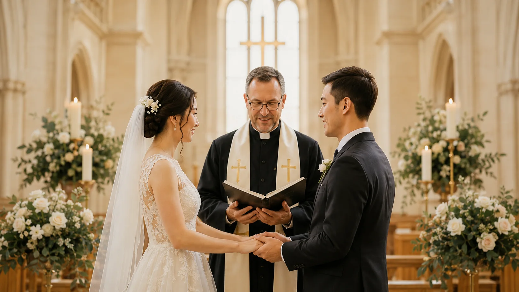 Bride and groom with wedding officiant in a church ceremony
